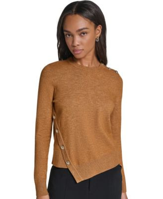 Karl Lagerfeld Paris Petite Crewneck Long-Sleeve Asymmetrical-Hem Sweater - Sepia | Macy's