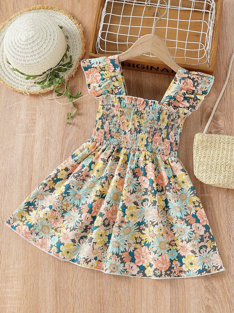 Toddler Girls Floral Print Shirred Dress | SHEIN