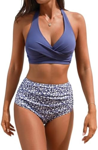 CUPSHE Women's Bikini Sets Two Piece Bathing Suit High Waisted V Neck Halter Front Twist Back Hoo... | Amazon (US)
