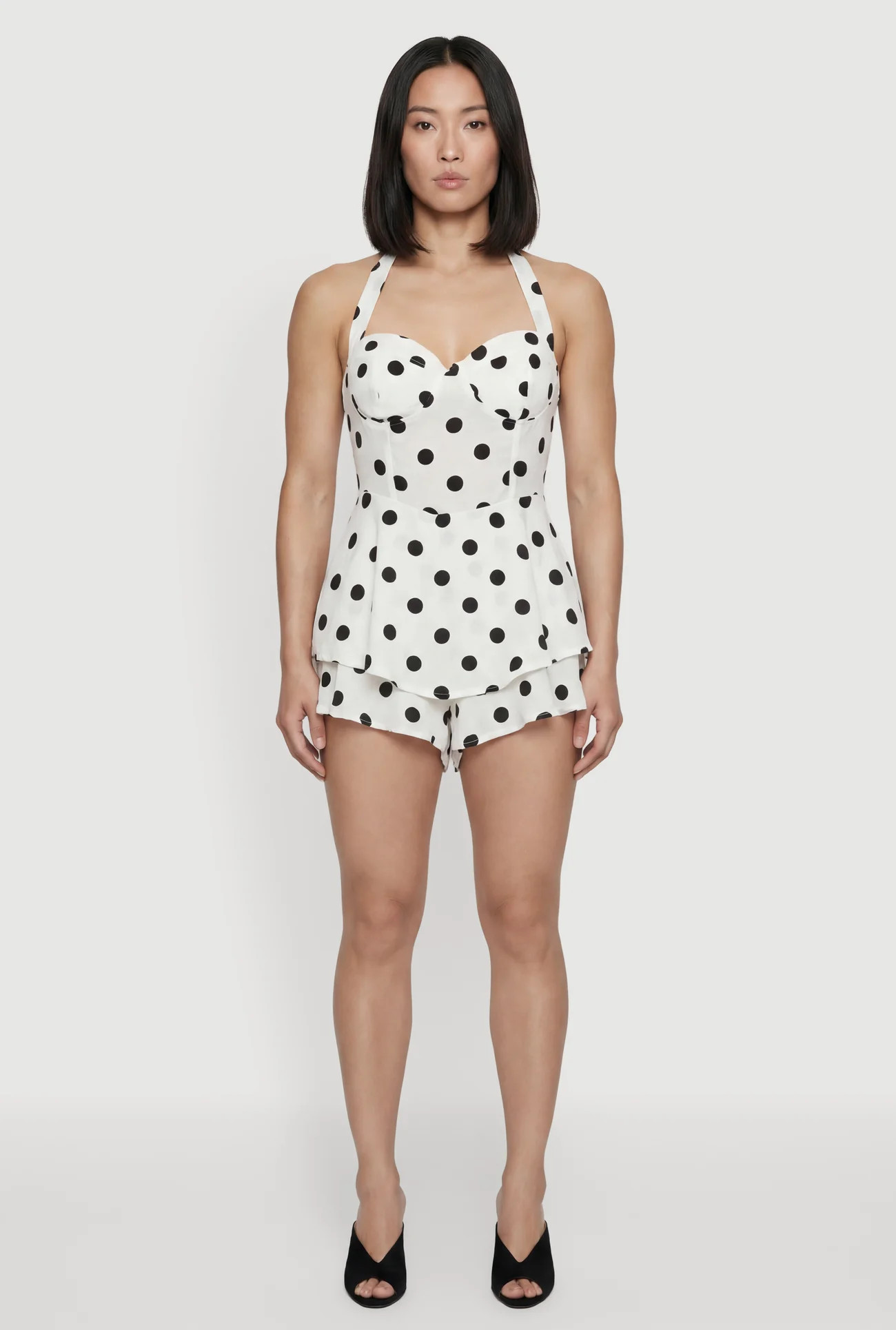 Polka Dot Print Tie Neck Bustier Romper | Rainbow Shops