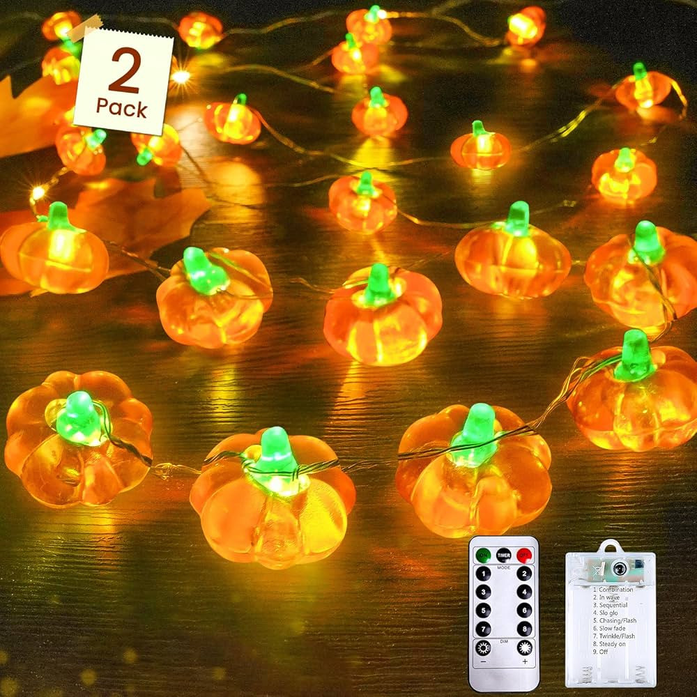 2 Pack 60LED Fall Decoration 3D Pumpkin String Lights Battery Operated, 20FT Fall Lights with Rem... | Amazon (US)