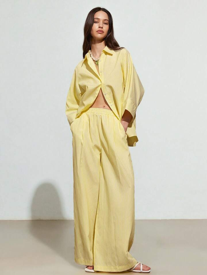 Aveloria Affinna 2pcs Women Casual Striped Loose Blouse And Wide Leg High Waist Pants Set | SHEIN