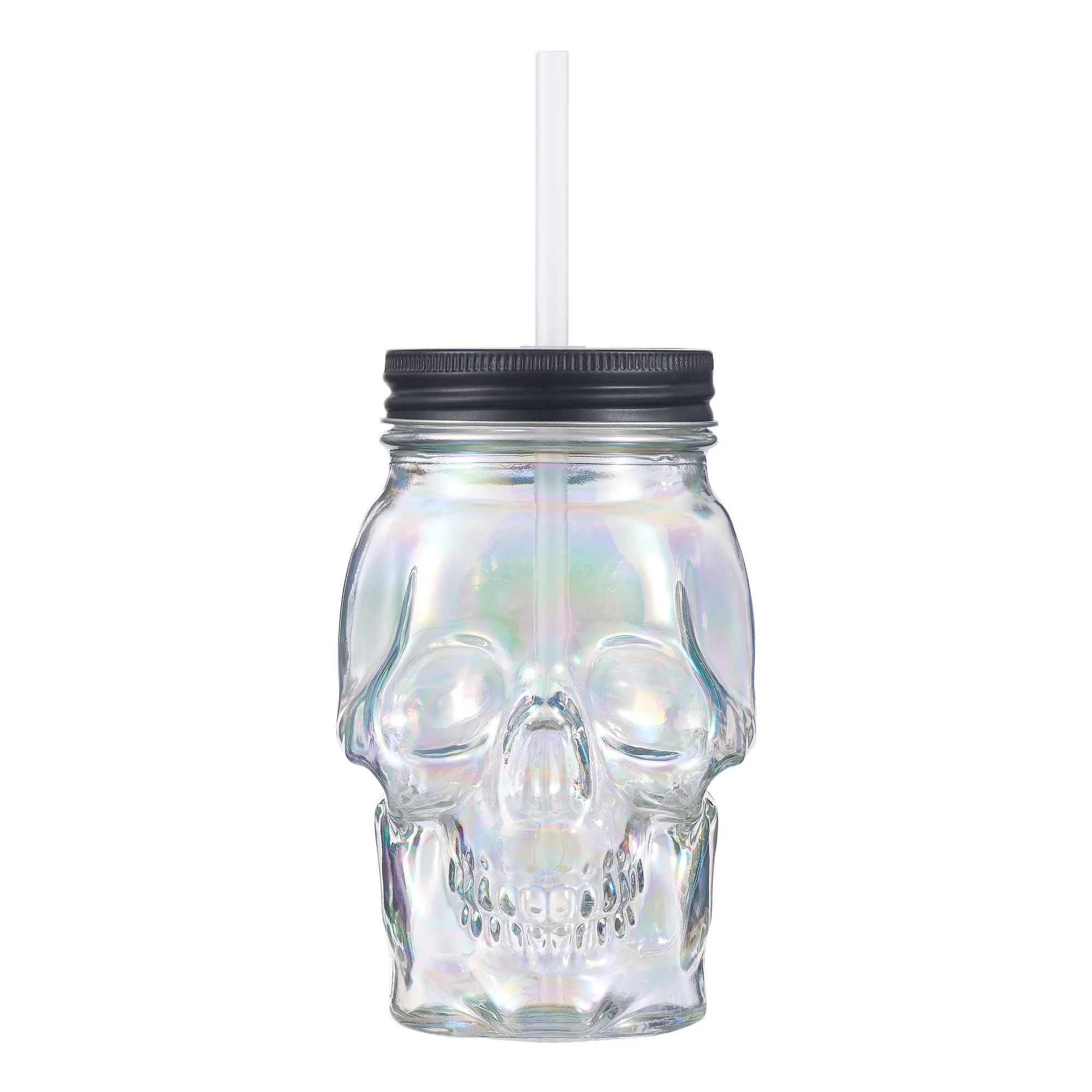 Way To Celebrate Glass Skull Sipper with Lid and Straw, Clear Iridescent, 18 oz | Walmart (US)