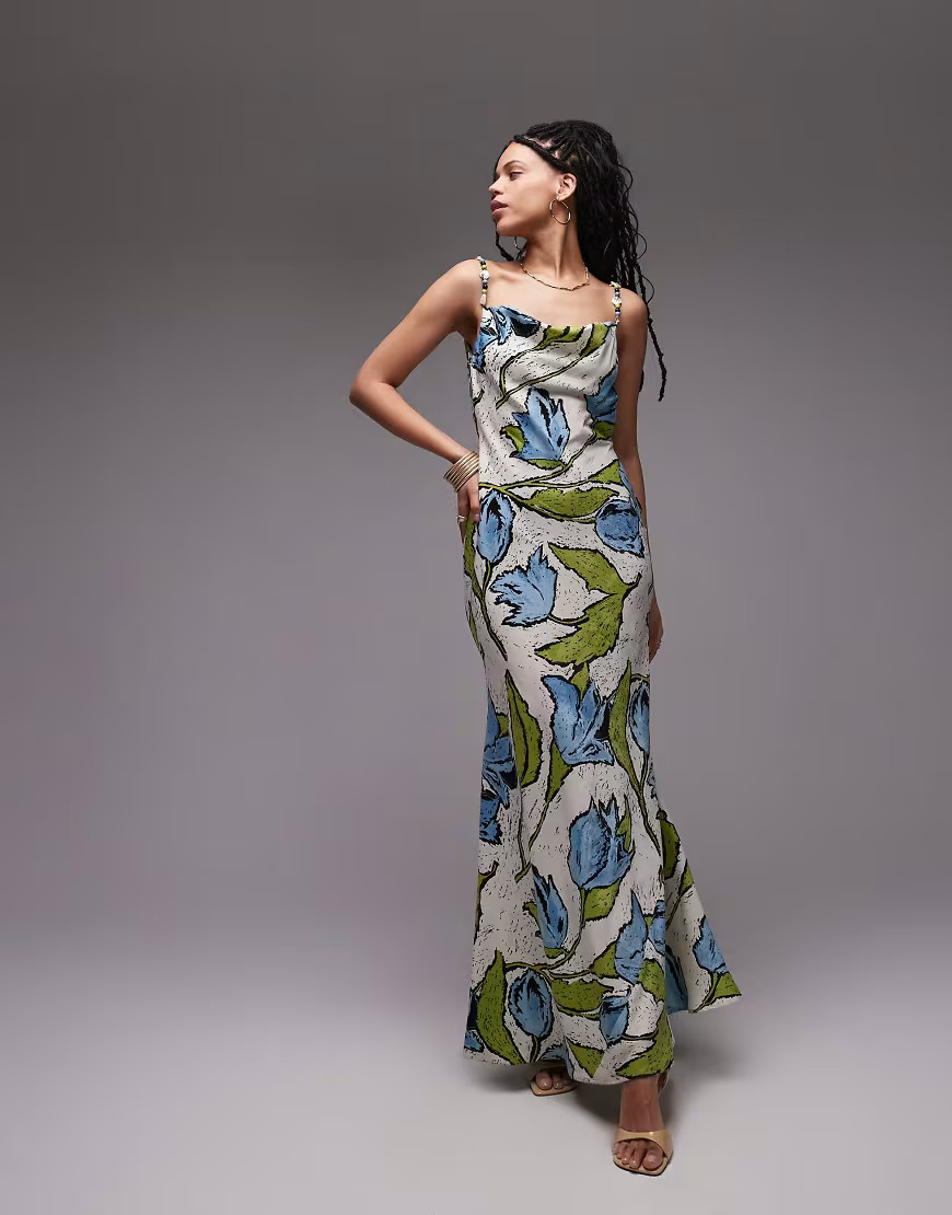 Topshop cowl neck midi slip dress with beaded straps in green blue floral-Multi | ASOS (Global)