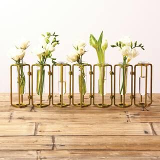 Two's Company 5 in. High Lavoisier Antiqued Gold Metal/Glass Hinged Flower Vases (Set of 7) MIN10... | The Home Depot