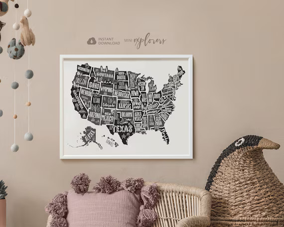Black and white USA wall art for kids, Map of America, Monochrome nursery, Children's world map, ... | Etsy (US)