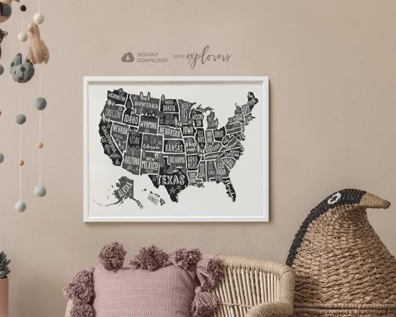 Black and white USA wall art for kids, Map of America, Monochrome nursery, Children's world map, ... | Etsy (US)