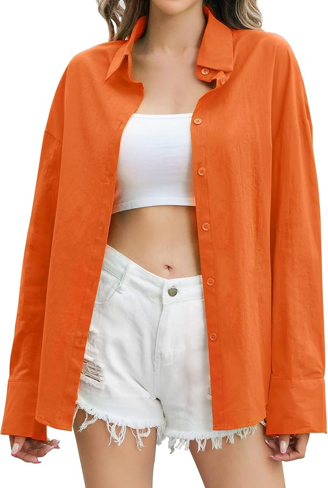 Genhoo Oversized Button Down Shirts for Women Casual Long Sleeve Candy Color V Neck Dressy Blouse... | Amazon (US)