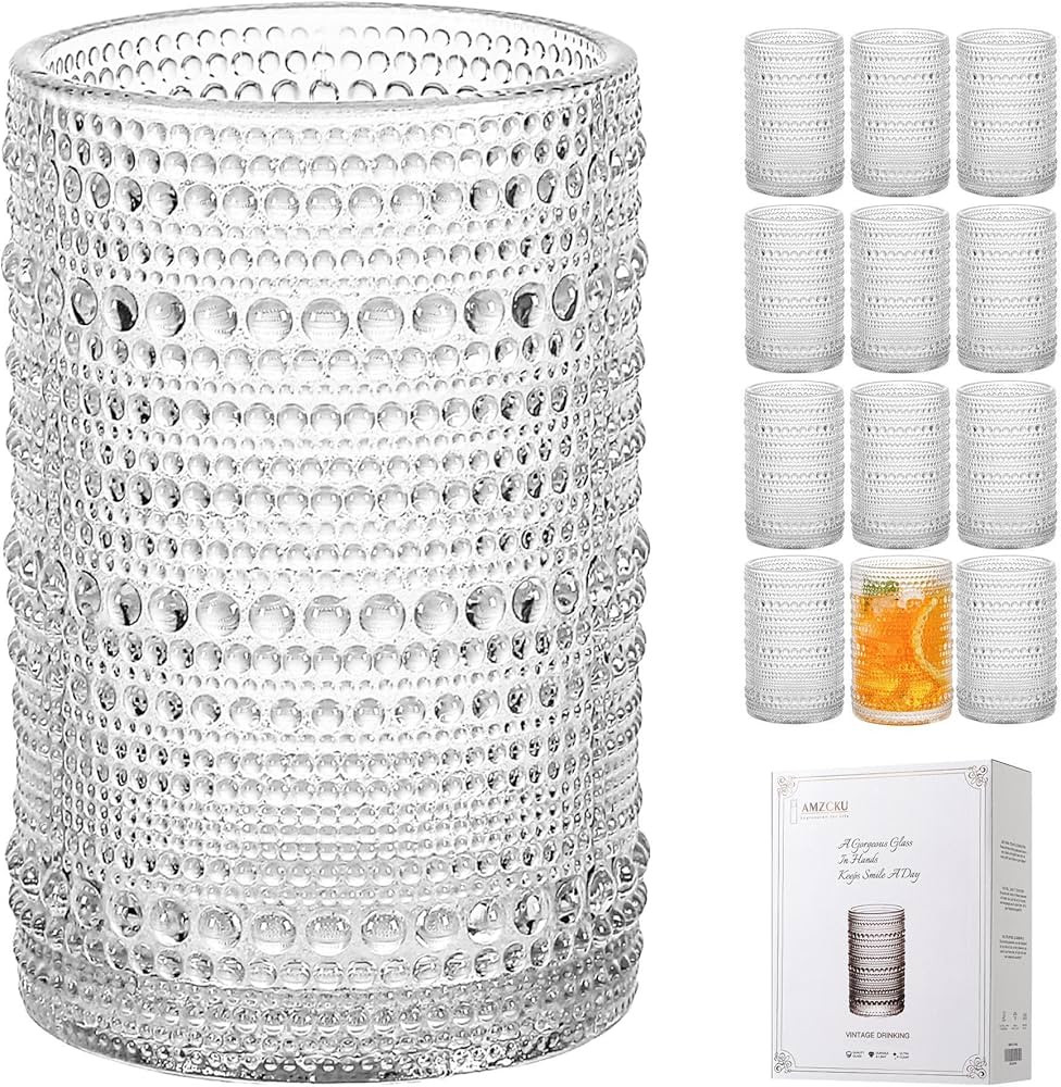 Amzcku Vintage Highball Drinking Glass Set of 12 - Kitchen Glasses Cup for Water, Cocktail, Milk,... | Amazon (US)