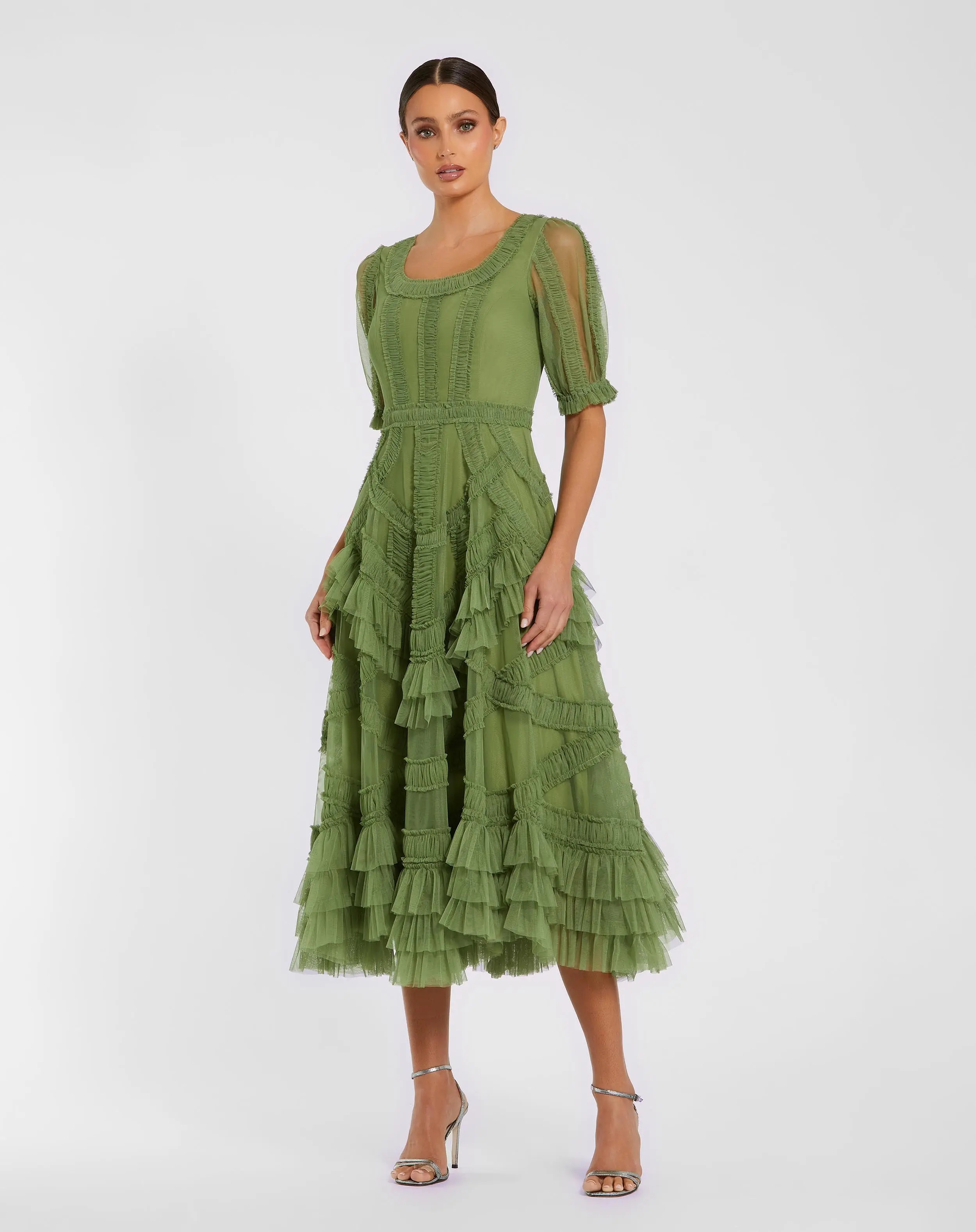 Green Short Sleeve Micro Ruffle Midi Dress | Mac Duggal | Mac Duggal