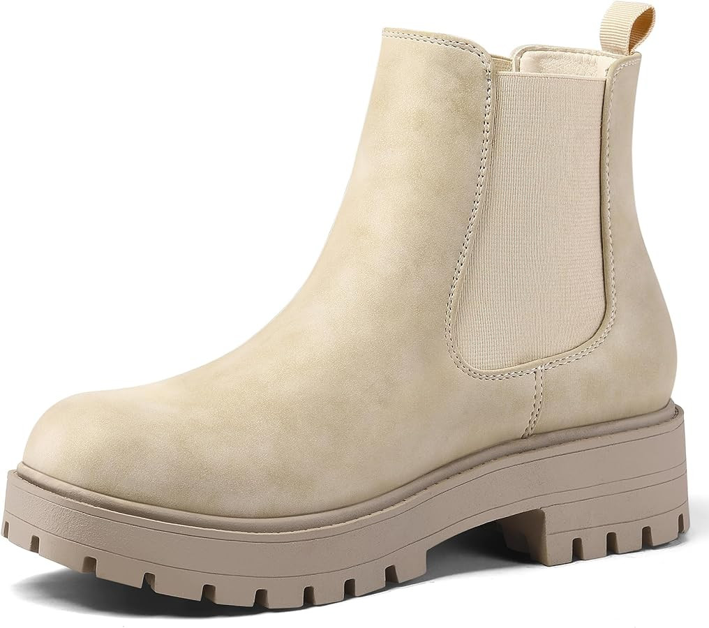 mysoft Women's Chelsea boots Low Heel Slip On Lug Sole Elastic Ankle Booties | Amazon (US)