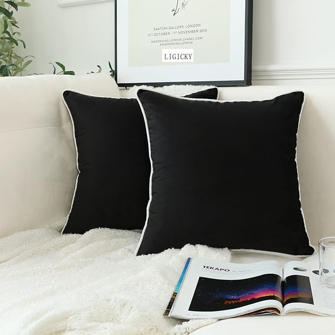 LIGICKY Set of 2 Black Velvet Throw Pillow Covers Modern Minimalist Style Solid Decorative White ... | Amazon (US)