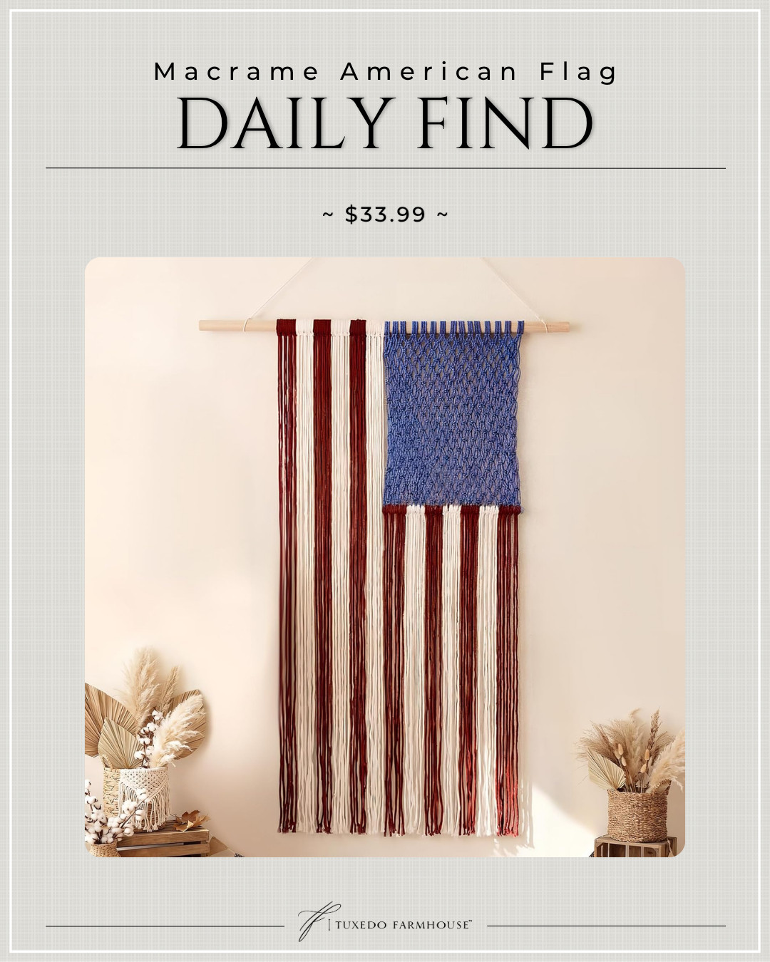 This American hanging tapestry instantly amps up the patriotic vibe of your gatherings. Its classic red, white and blue design catches the eye at barbecues, backyard parties and neighborhood parades, creating memorable holiday moments.

Made of sturdy woven rope, it resists wear and tear from occasional outdoor use. The vintage look blends flawlessly with farmhouse, modern or traditional home styles, serving as a year-round patriotic accent.
 

 #LTKSeasonal #LTKHome #LTKSaleAlert