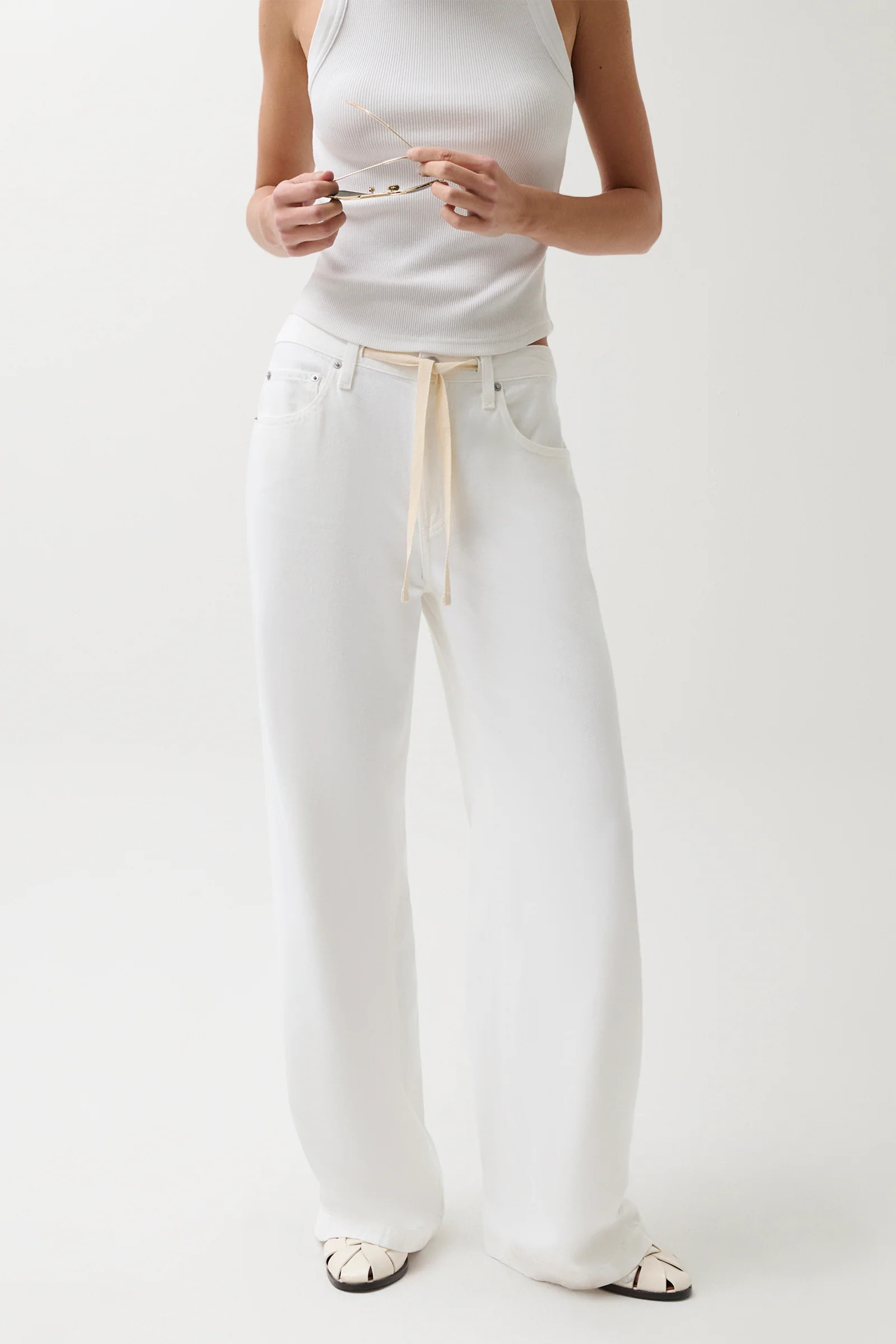 Jadyn Mid Rise Drawstring Palazzo Jean - Optic White | Pistola Denim