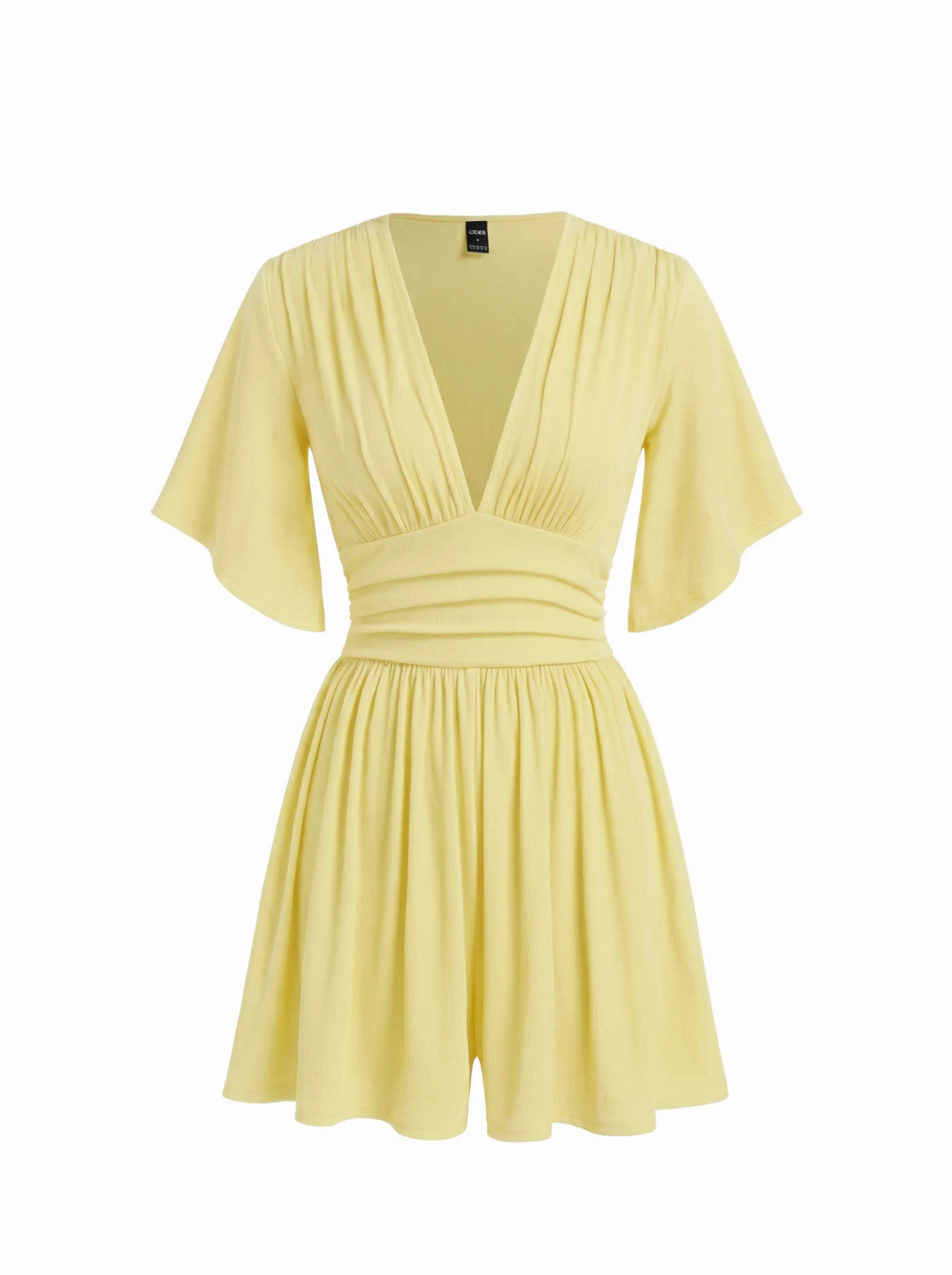 Knit Fabric Textured V-neck Ruched Mid Rise Bell Sleeve Romper For Date Party/Clubbing | Cider