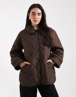 Pieces quilted jacket with collar detail in chocolate brown | ASOS (Global)