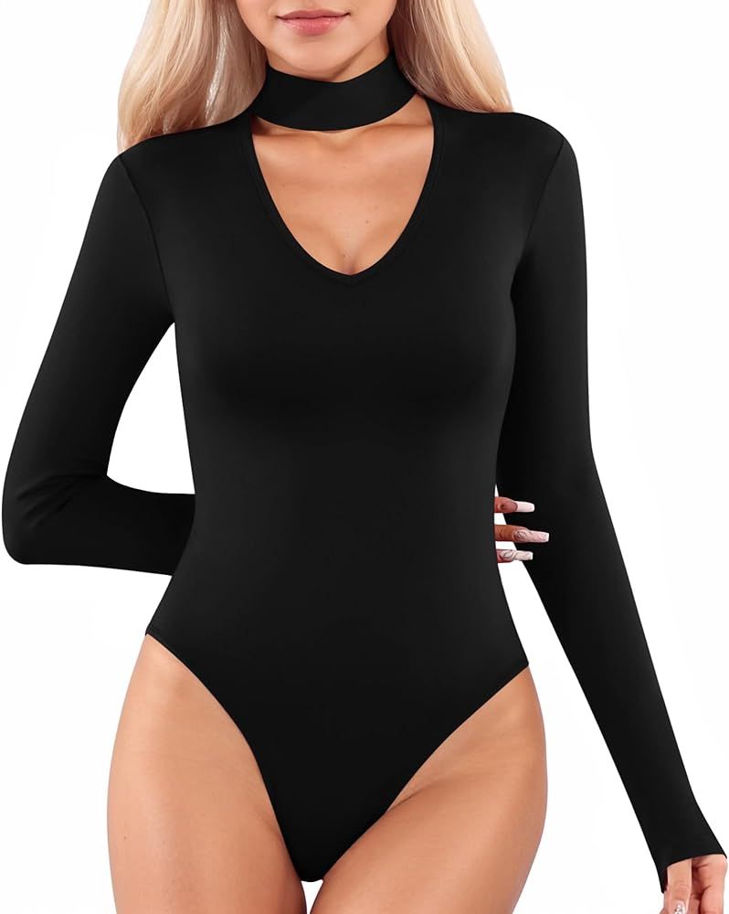 MANGOPOP Cutout Front Mock Turtleneck V Neck Long Sleeve Bodysuit for Women Sexy Tops | Amazon (US)