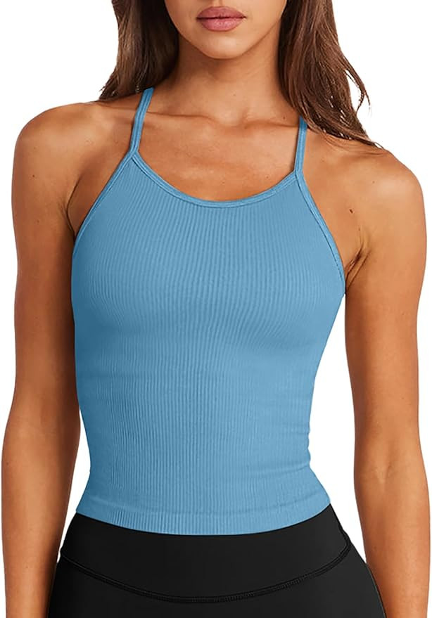 LASLULU Womens Sports Bra Seamless Long Tank Spaghetti Strap Workout Bra | Amazon (US)