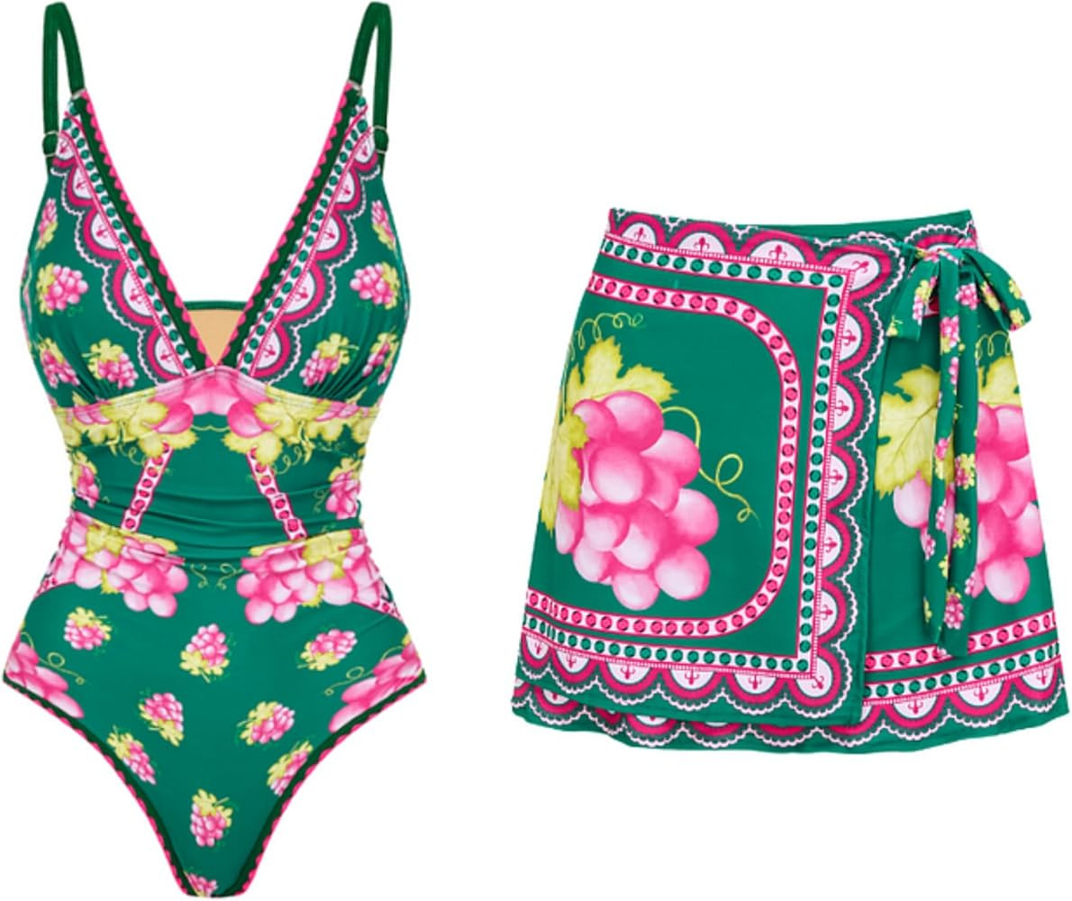 FLAXMAKER Women One Piece Deep V Neck Grapes Print Padded Swimsuit Two Piece Swimwear Bathing Sui... | Amazon (US)