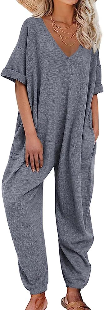 Nirovien Women's Solid Color V Neck Jumpsuits Half Sleeve Long Rompers Beam Foot Baggy Overalls Pant | Amazon (US)
