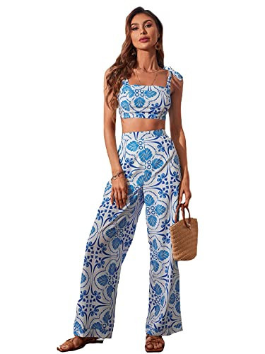WDIRARA Women's 2 Piece Set Floral Print Knot Shoulder Zip Back Crop Cami Top with Pants Set Blue and White S | Amazon (US)