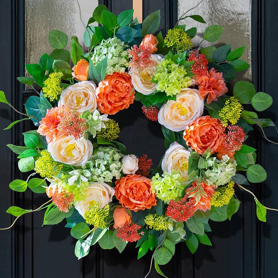 Spring Wreaths for Front Door Outside 24 Inch Luxury Summer Wreath with White Rose Flowers,Pink D... | Amazon (US)