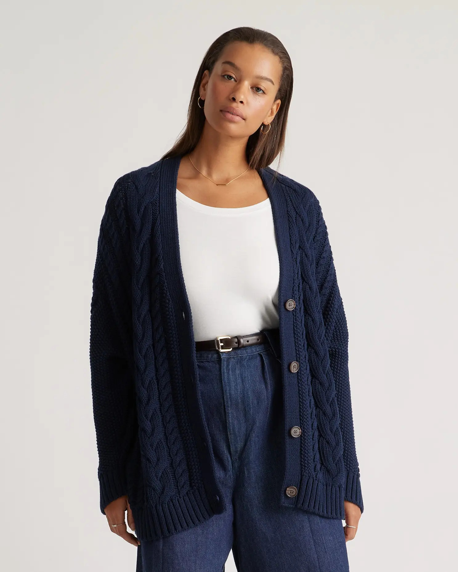100% Organic Cotton Oversized Cable Cardigan  in Navy | Quince