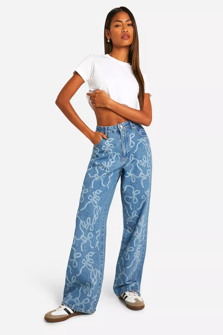 Bow Laser Print Wide Leg Denim Jeans | Boohoo.com (UK & IE)