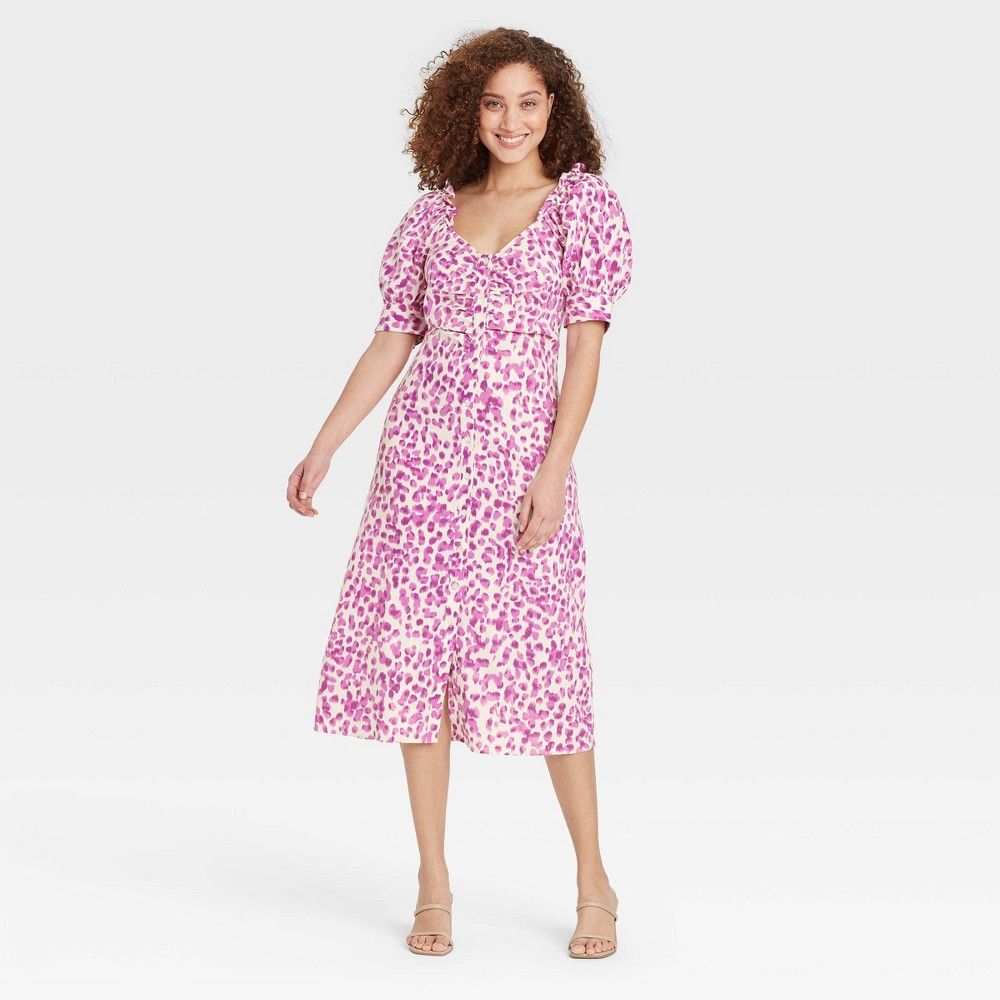 Women's Puff Short Sleeve Empire Waist Dress - Who What Wear Cream Leopard Print M, Ivory | Target