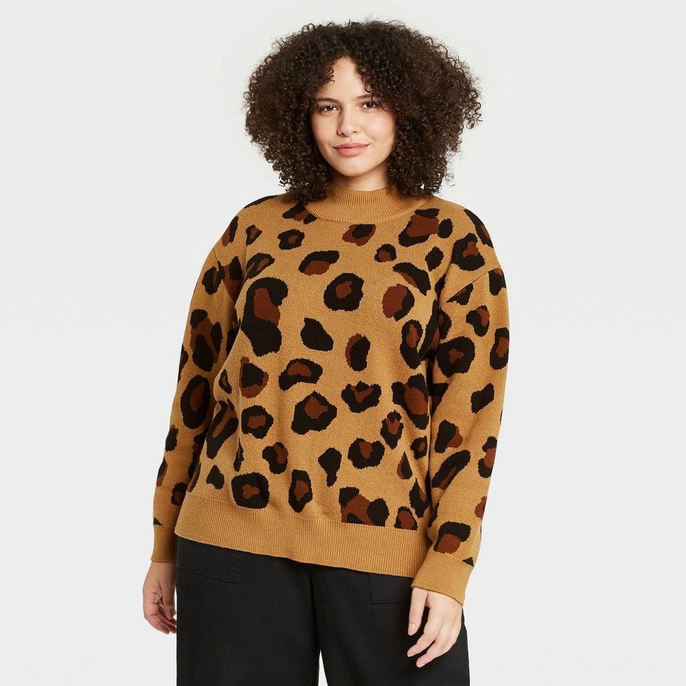 Women's Plus Size Leopard Print Turtleneck Pullover Sweater - Who What Wear Brown 4X | Target