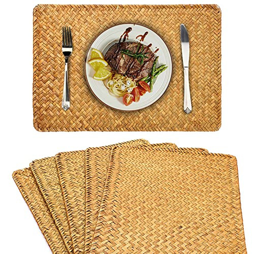 OwnMy Pack of 6 Natural Seagrass Placemats Woven Rattan Place Mat Rectangular Table Mats, 17" x 12" Sea Grass Meal Placemat Bamboo Place Mats for Dining Table Home Kitchen Picnic Table, Caramel Color | Amazon (US)