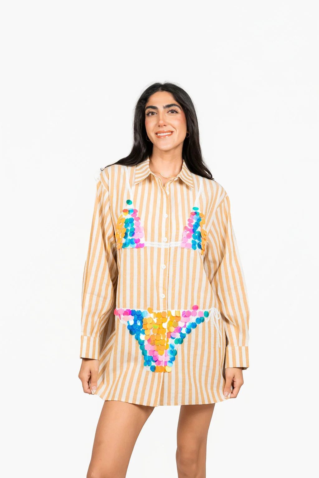 Tan Striped Multi Paillette Bikini Tunic | Queen of Sparkles