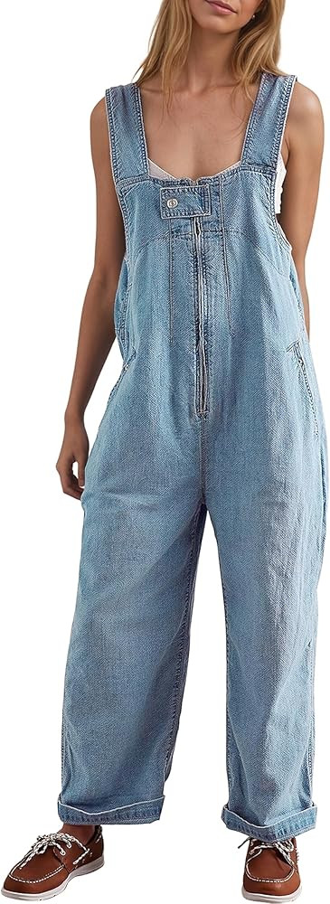 Women's Denim Overalls Casual Loose Fit Wide Leg Jumpsuit Zipper Sleeveless Bib Overalls Jeans wi... | Amazon (US)