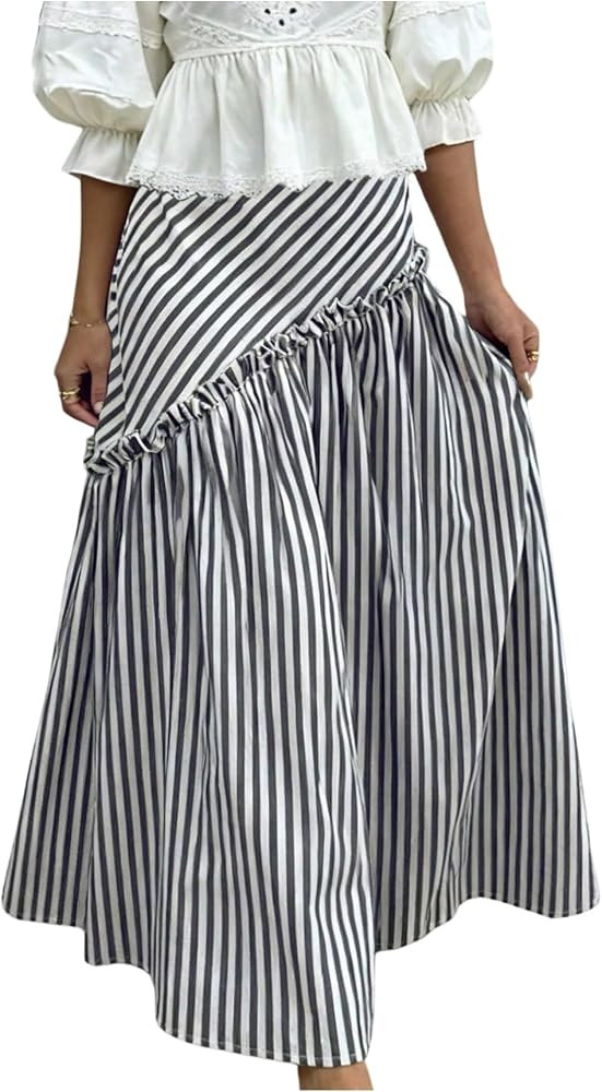 GORGLITTER Women's Striped Boho Maxi Skirt Frill Trim Ruffle Flowy A Line Summer Long Skirts | Amazon (US)