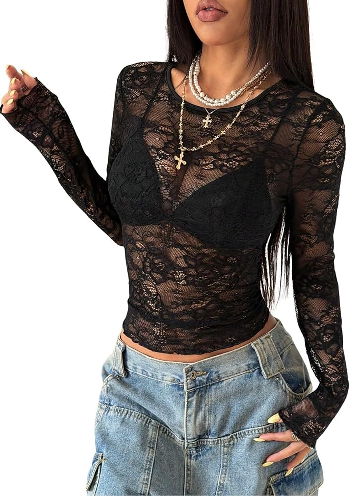Verdusa Women's Y2k Tops Floral Lace Top Sheer Long Sleeve T Shirts Slim Fitted Date Night Outfit... | Amazon (US)