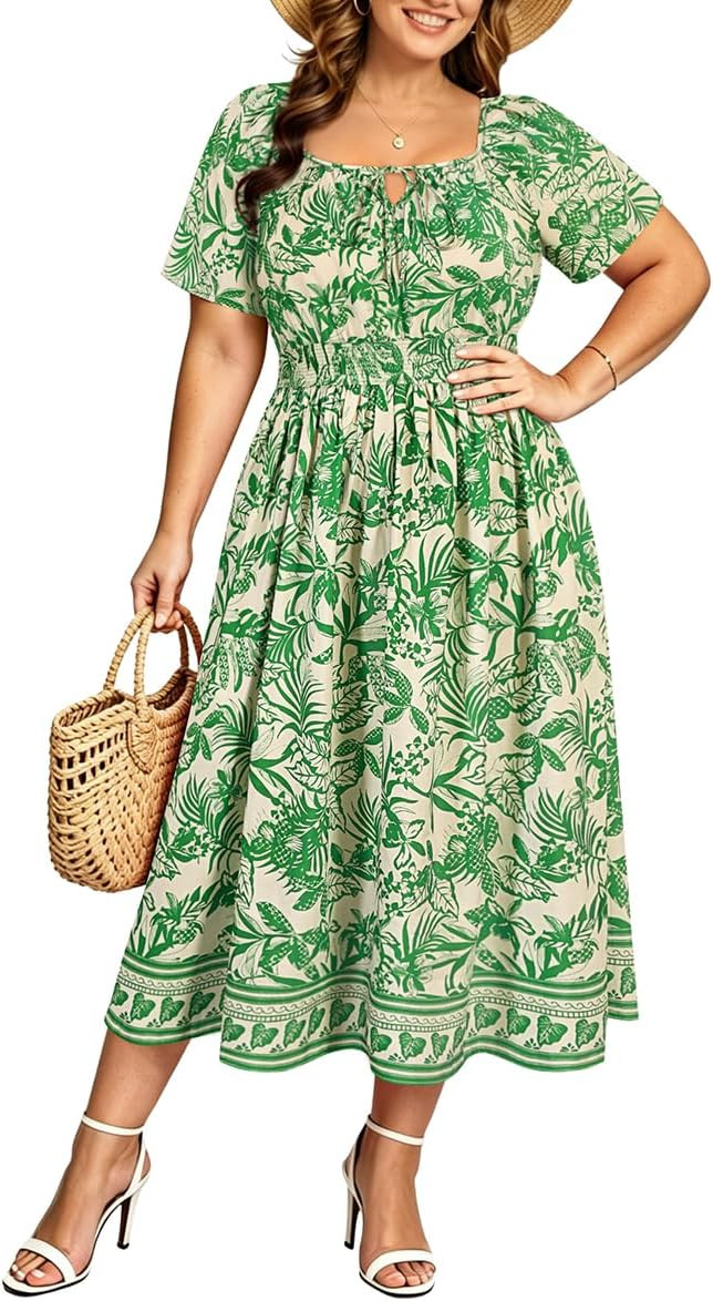 CARCOS Womens Plus Size Dress Summer Short Sleeves Square Neck Tie Front Elastic Waist Midi Dress... | Amazon (US)