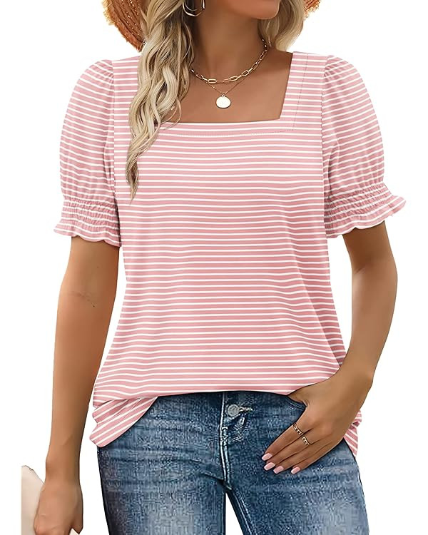 WIHOLL Tops for Women Summer Casual Ruffle Trim Sleeve Square Neck T Shirts | Amazon (US)