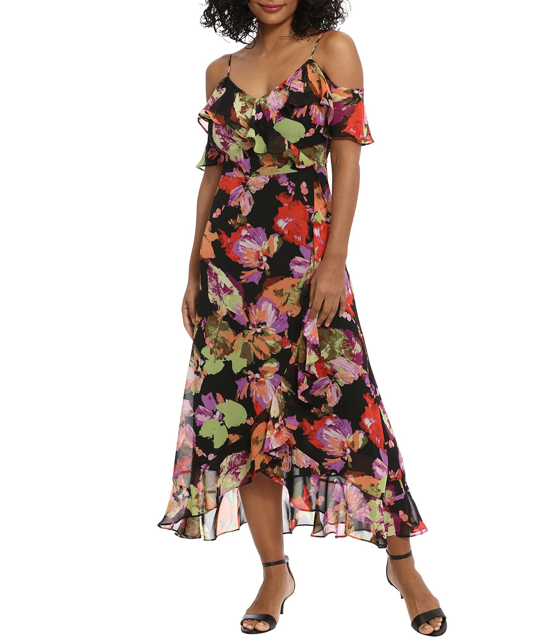 Floral Print Cold Shoulder Ruffled V-Neck Faux Wrap Dress | Dillard's