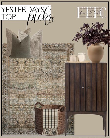 Yesterday’s Top Picks. Follow @farmtotablecreations on Instagram for more inspiration.

Shanti Pillow Cover Set. Loloi LAYLA Collection, LAY-03, Olive/Charcoal Area Rug. Palma Arched Fluted Cabinet Dark Brown - Threshold designed with Studio McGee. Set of 2 Matte Ceramic Canisters. Sandy Glaze Tray. Medium Round Rattan Decorative Basket Dark Brown. McGee & Co. Plaid Tasseled Throw. Rounded Dual Handled Vase. Afloral Plum Stems. 

Loloi Rugs | Chris Loves Julia | console table | console table styling | faux stems | entryway space | home decor finds | neutral decor | entryway decor | cozy home | affordable decor |  | home decor | home inspiration | spring stems | spring console | spring vignette | spring decor | spring decorations | console styling | entryway rug | cozy moody home | moody decor | neutral home

#LTKFindsUnder50 #LTKSaleAlert #LTKHome