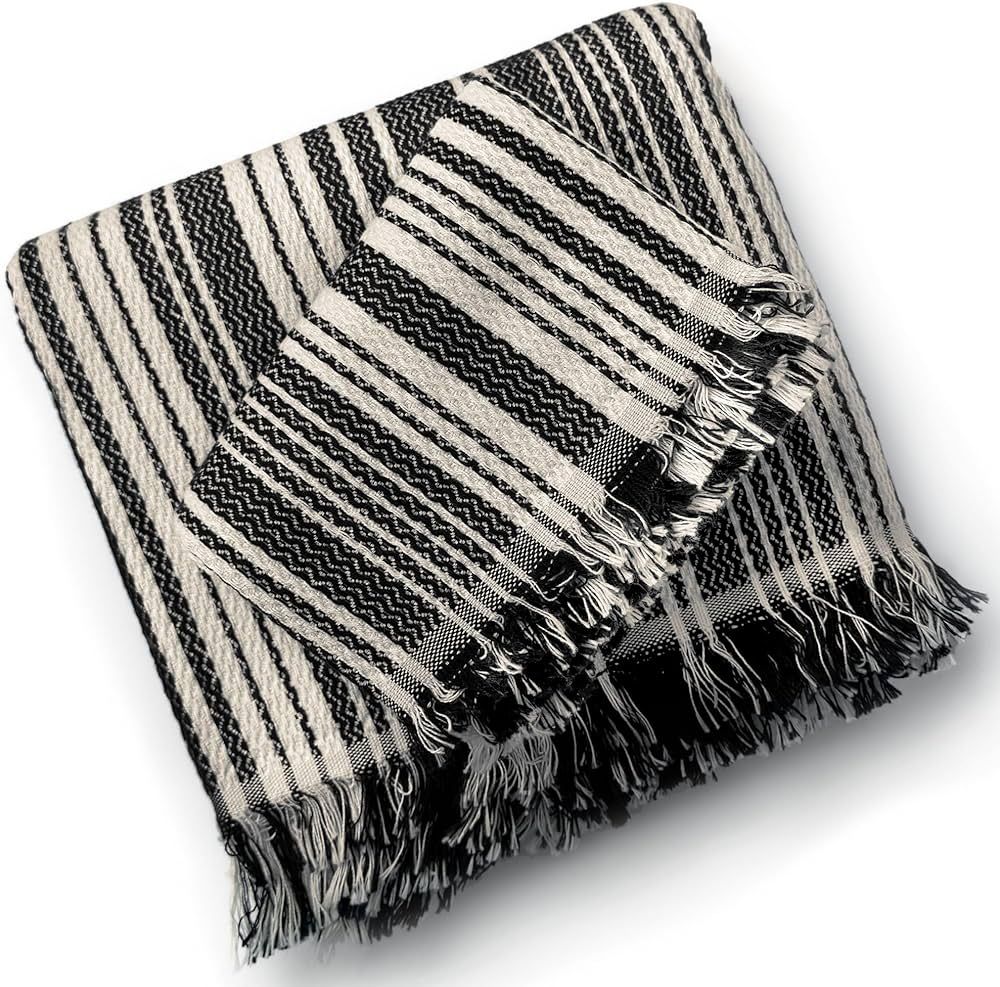 The Loomia 100% Cotton Striped Turkish Hand and Bath Towel Set of Two (Off-White Black, XL Size) | Amazon (US)