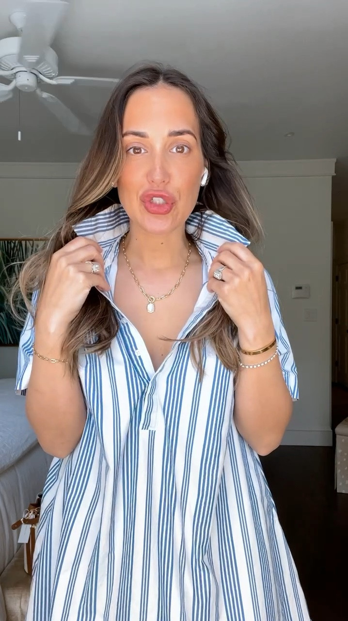 $40 blue striped shirt dress with white sandals and chain necklace - runs TTS (loose fit)

#LTKfindsunder50 #LTKstyletip