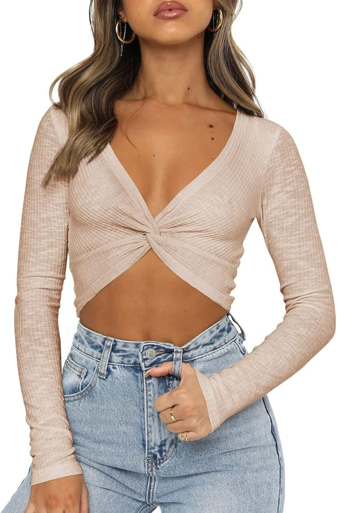 Butgood Women's Crop Top Sexy Long Sleeve V Neck Shirts Fall Y2k Twist Front Slim Fit Ribbed Basic T | Amazon (US)