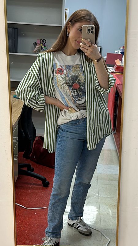 Teacher outfit, layering outfit, casual spring outfit, ootd, striped button down, graphic tea, vintage watch, adidas sneakers, tennis shoes, light wash jeans, denim, spring outfit, colorful outfit

#LTKstyletip #LTKshoecrush