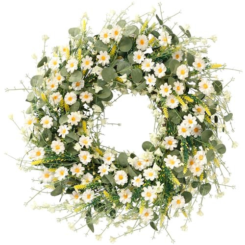 Sggvecsy White Daisy Wreath 24 Inch with Fake Silk Floral Green Eucalyptus Leaves and Lavender for Spring Summer Front Door Window Wall Wedding Farmhouse Festival Decor | Amazon (US)