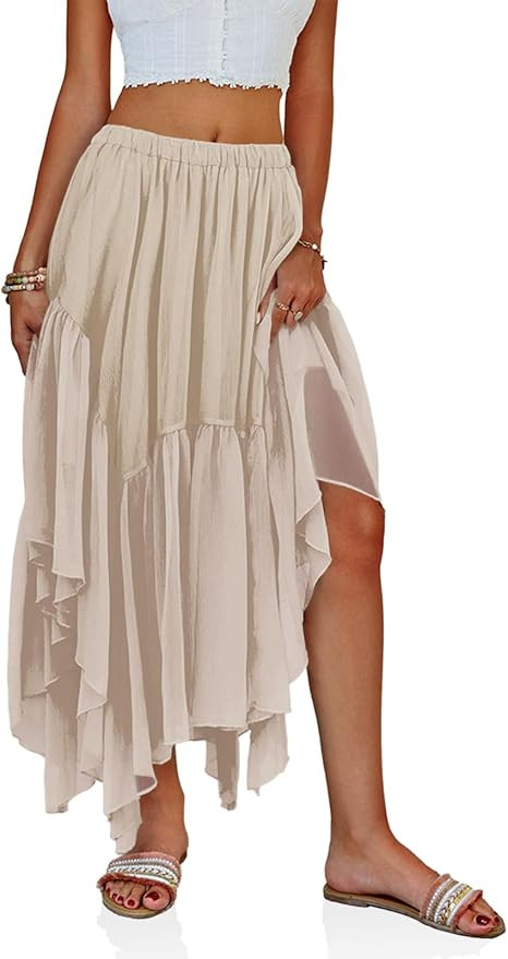 Fisoew Womens Summer Boho Maxi Skirt Casual Asymmetric High-Low Hem Flowy Bohemia Long Skirt | Amazon (US)