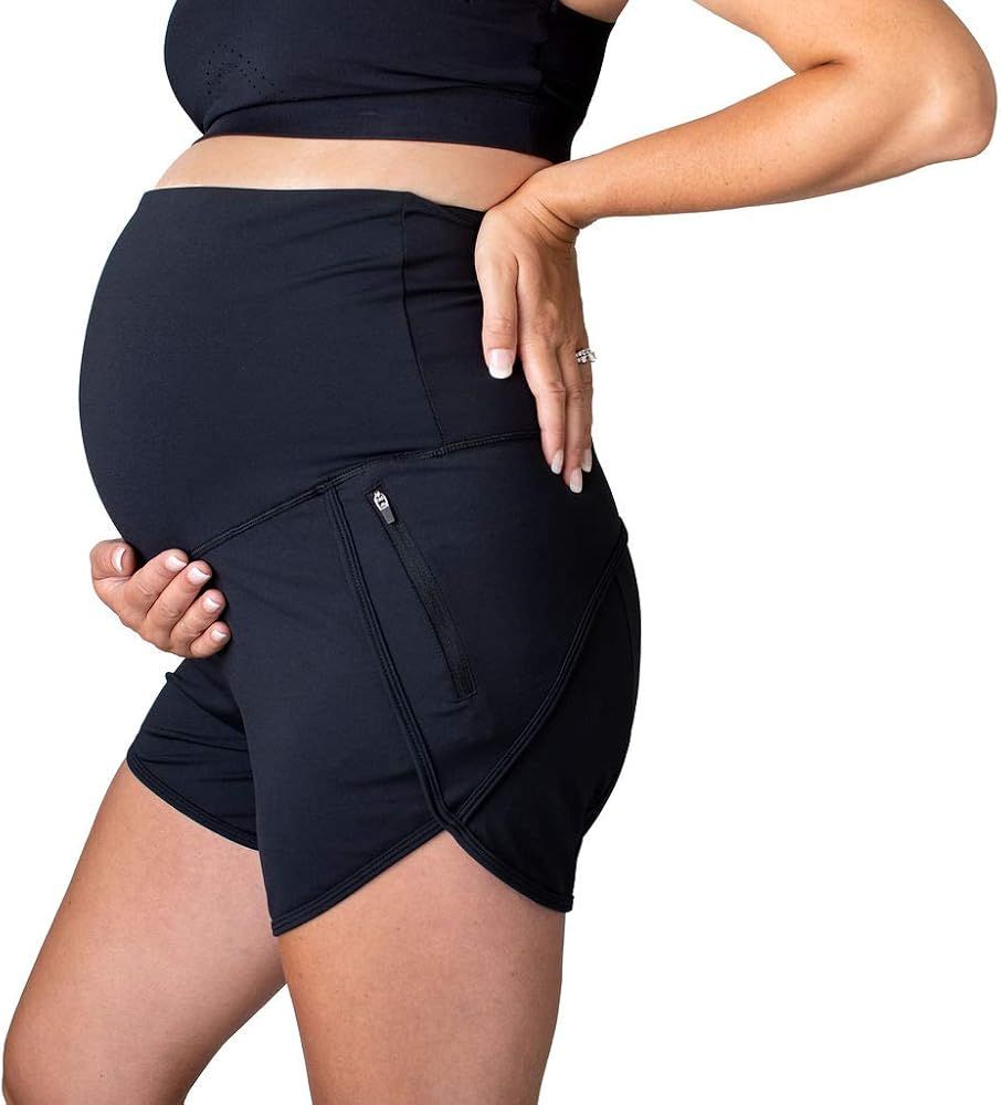 Movemama Maternity Athletic Shorts, Full Bellyband, Active Maternity Shorts, 4.5" Inseam, Zip Poc... | Amazon (US)