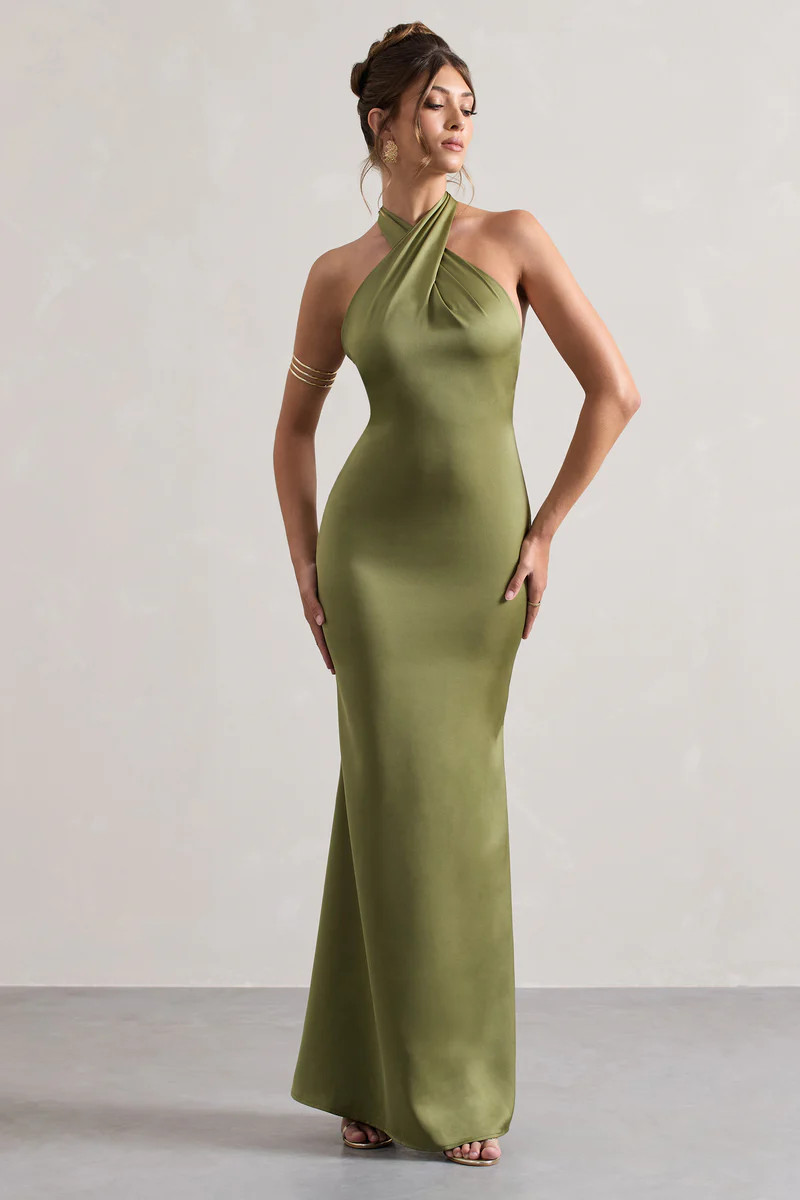 Unbeatable | Olive Satin Cross Over Halter-Neck Maxi Dress | Club L London