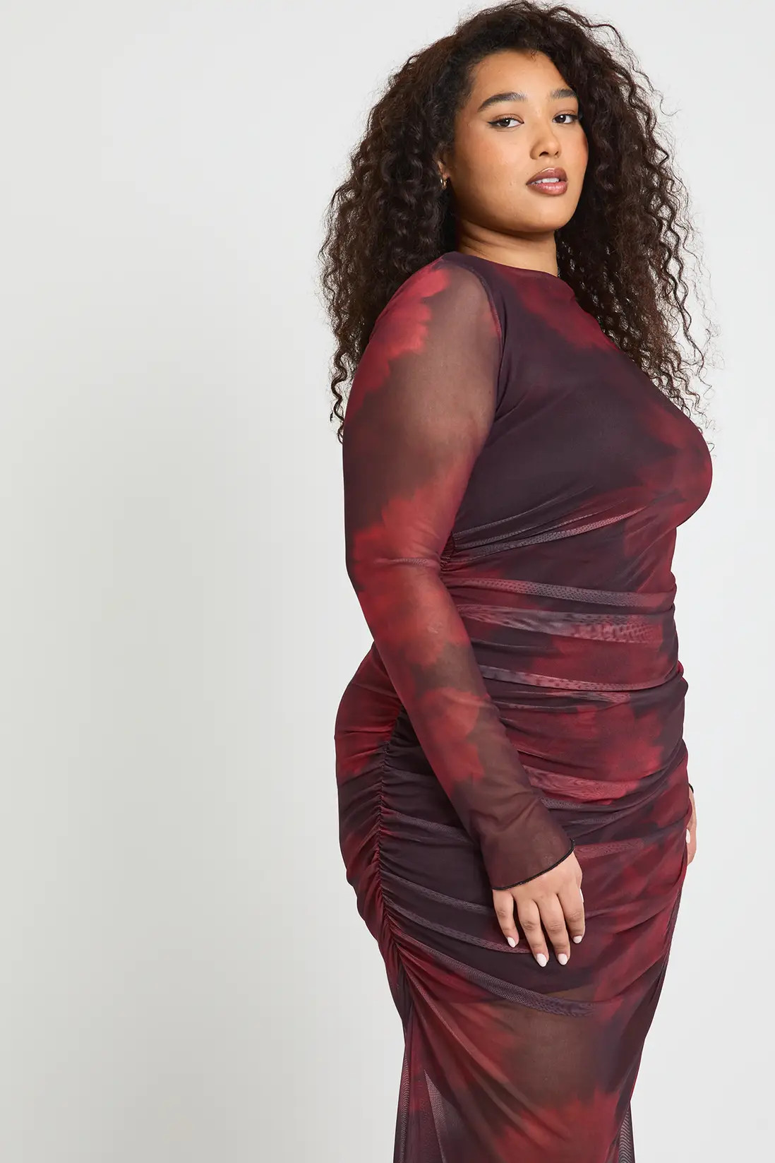 Plus Floral Ruched Mesh Maxi Dress | boohoo (US & Canada)