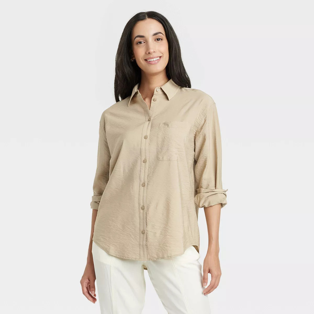 Women's Oversized Long Sleeve Crinkle Button-Down Shirt - A New Day™ Tan M | Target