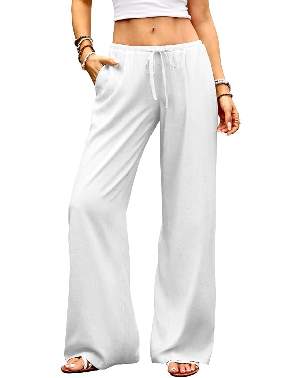 ELLEVEN Womens Low Rise Wide Leg Linen Pants, Baggy Lightweight Flowy Palazzo Trousers Summer Bea... | Amazon (US)